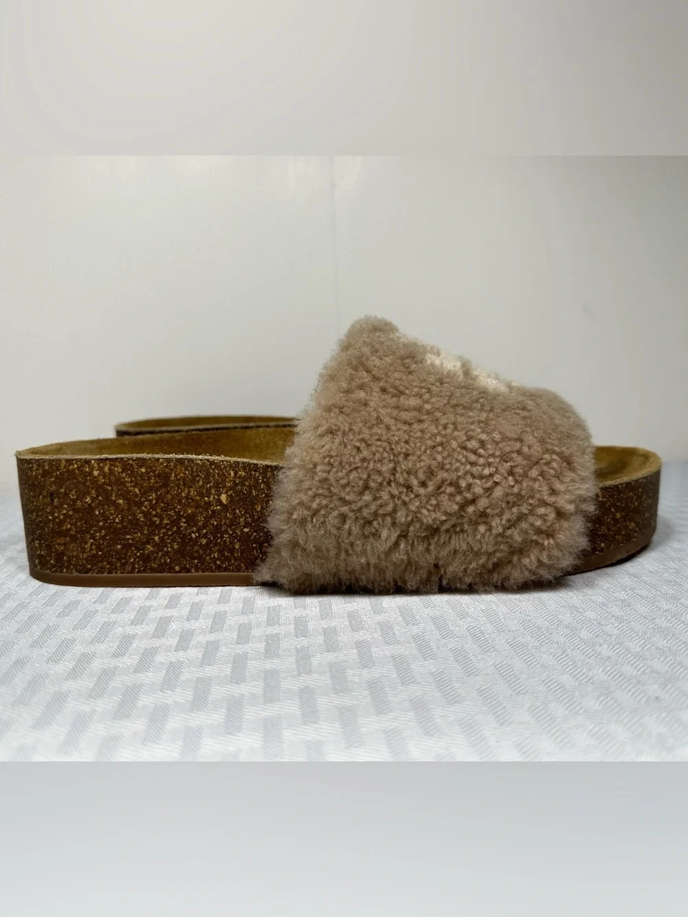 Tory Burch Slides Size 9.5 Double T Logo Shearling Flatform Almond Sherpa Cork